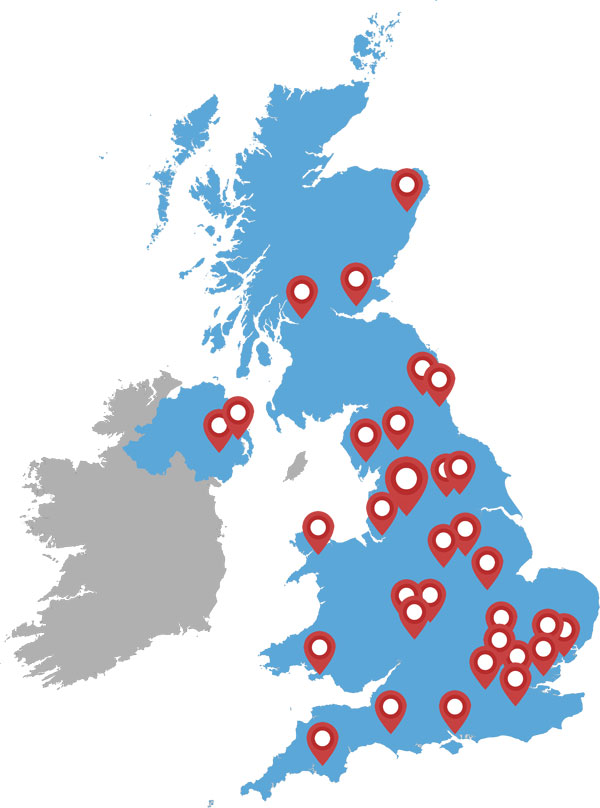 UK Map showing Barry Bennett locations